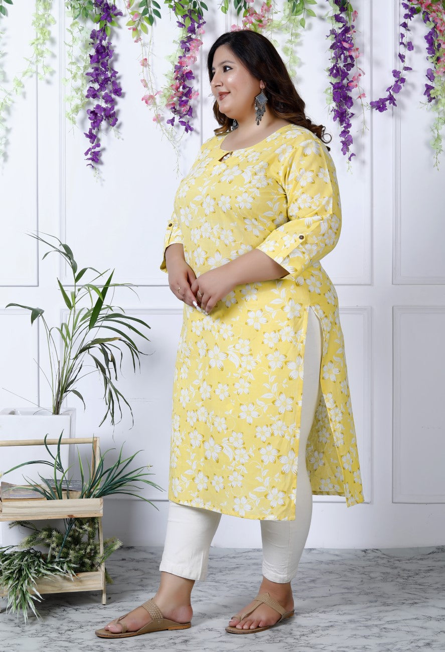 Plus Size Yellow Cotton Floral Print Straight Kurta-100025