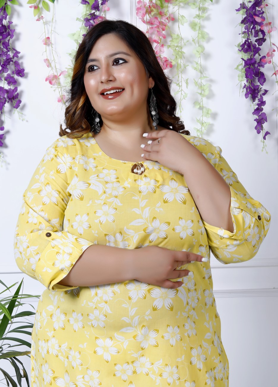 Plus Size Yellow Cotton Floral Print Straight Kurta-100025