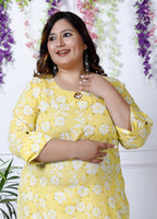 Plus Size Yellow Cotton Floral Print Straight Kurta-100025