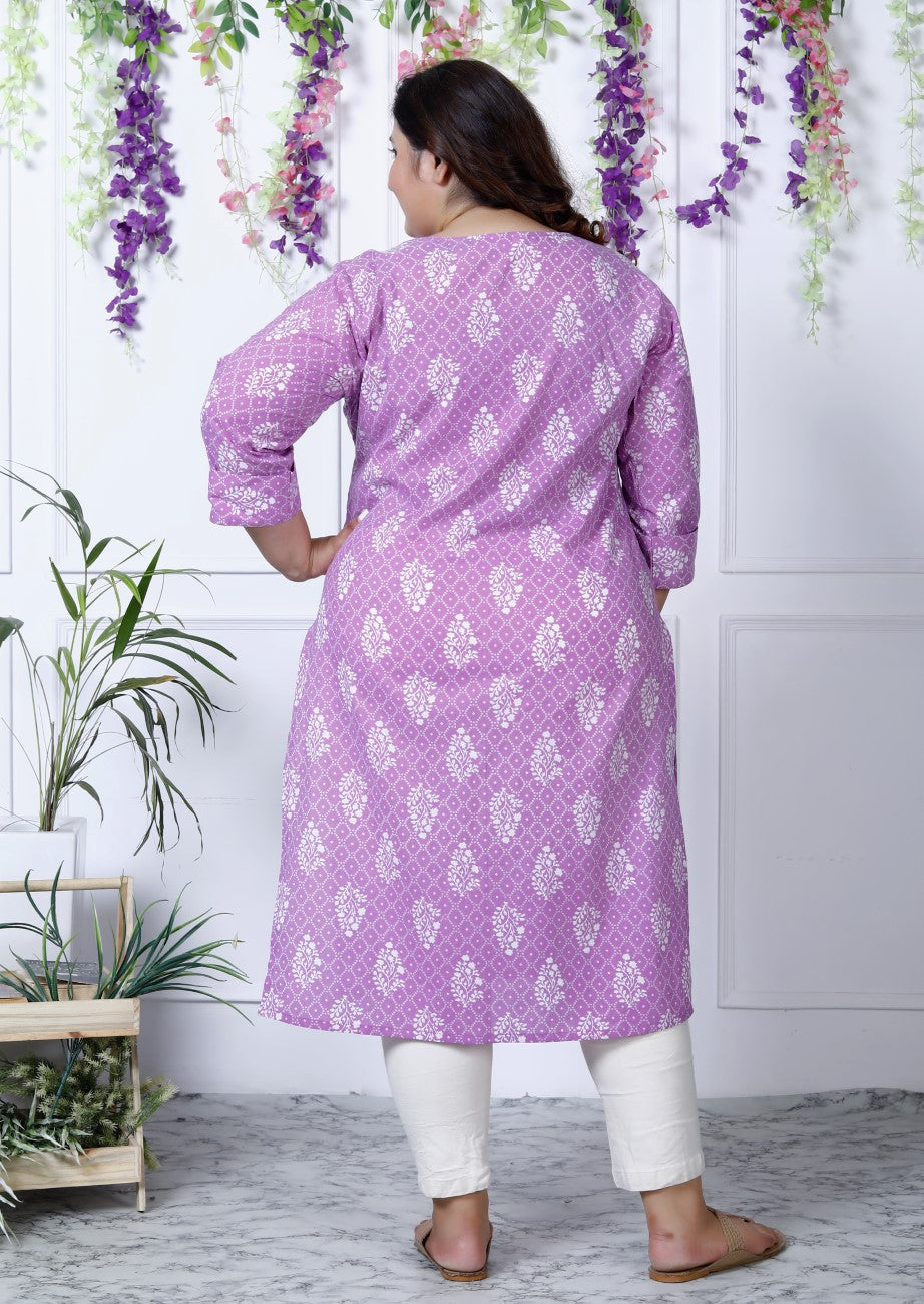 Plus Size Purple Cotton Floral Print Straight Kurta-100026