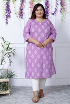 Plus Size Purple Cotton Floral Print Straight Kurta-100026
