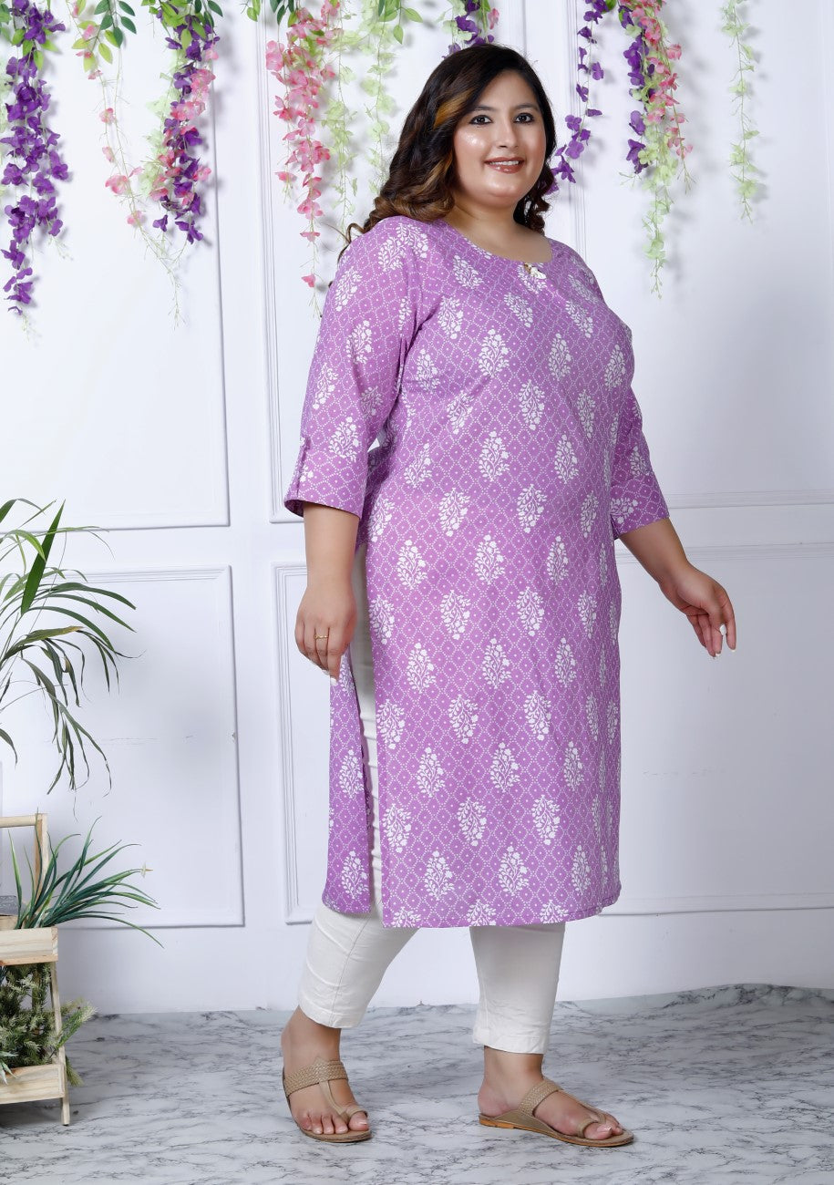 Plus Size Purple Cotton Floral Print Straight Kurta-100026
