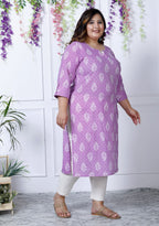 Plus Size Purple Cotton Floral Print Straight Kurta-100026
