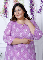 Plus Size Purple Cotton Floral Print Straight Kurta-100026