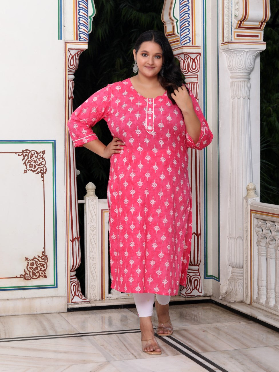 Plus Size Pink Cotton Floral Print Straight Kurta-100027
