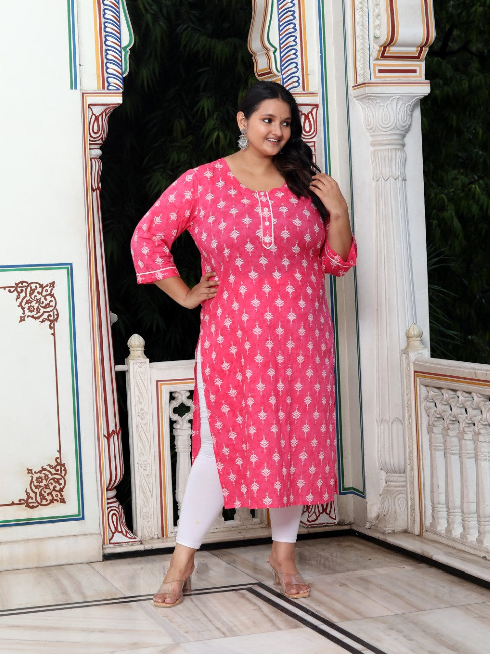 Plus Size Pink Cotton Floral Print Straight Kurta-100027