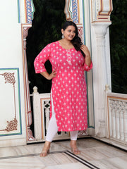 Plus Size Pink Cotton Floral Print Straight Kurta-100027