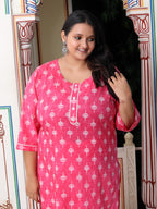 Plus Size Pink Cotton Floral Print Straight Kurta-100027