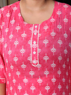 Plus Size Pink Cotton Floral Print Straight Kurta-100027