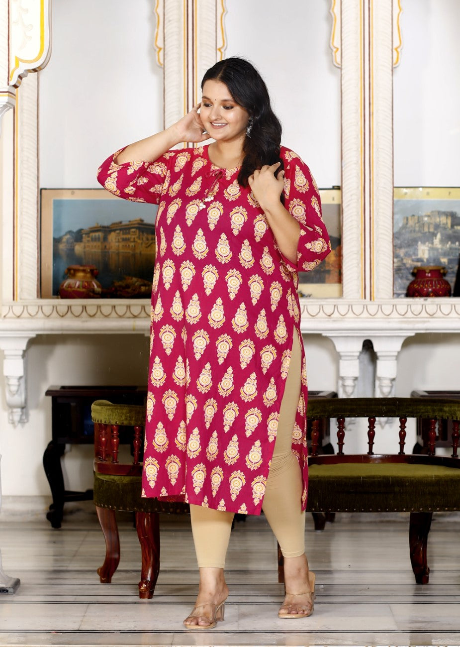 Plus Size Pink Cotton Floral Print Straight Kurta-100028