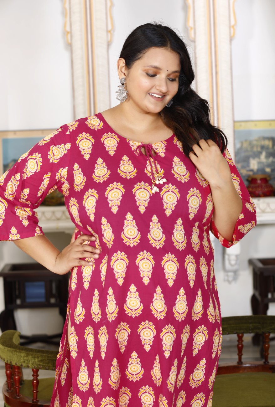 Plus Size Pink Cotton Floral Print Straight Kurta-100028