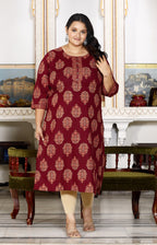 Plus Size Brown Cotton Floral Print Straight Kurta-100029