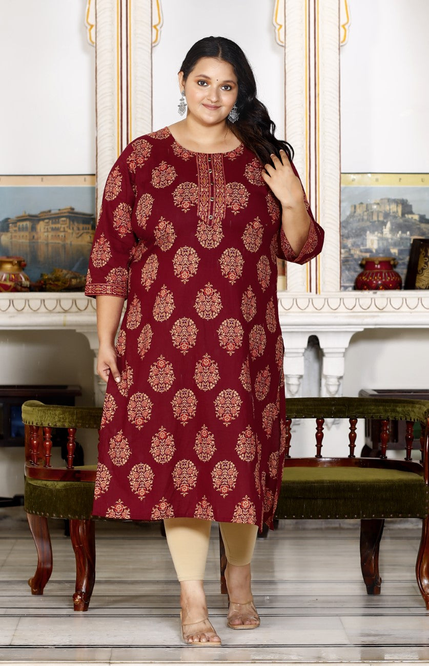 Plus Size Brown Cotton Floral Print Straight Kurta-100029