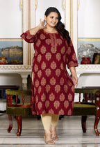 Plus Size Brown Cotton Floral Print Straight Kurta-100029