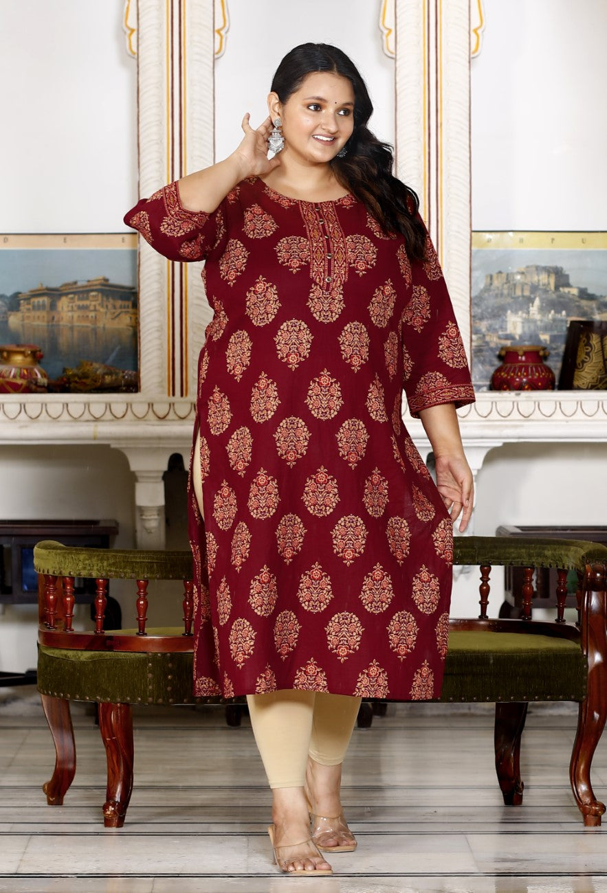 Plus Size Brown Cotton Floral Print Straight Kurta-100029