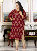 Plus Size Brown Cotton Floral Print Straight Kurta-100029