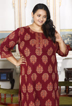 Plus Size Brown Cotton Floral Print Straight Kurta-100029