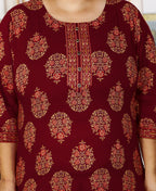 Plus Size Brown Cotton Floral Print Straight Kurta-100029