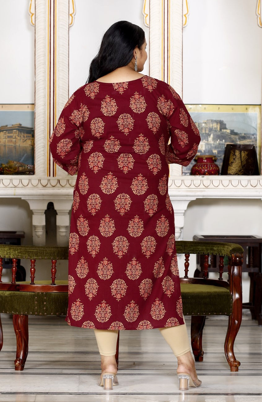 Plus Size Brown Cotton Floral Print Straight Kurta-100029
