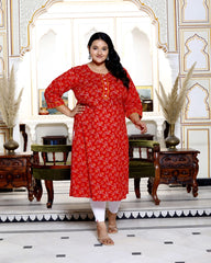 Plus Size Red Cotton  Bandhani Print Straight Kurta-100030