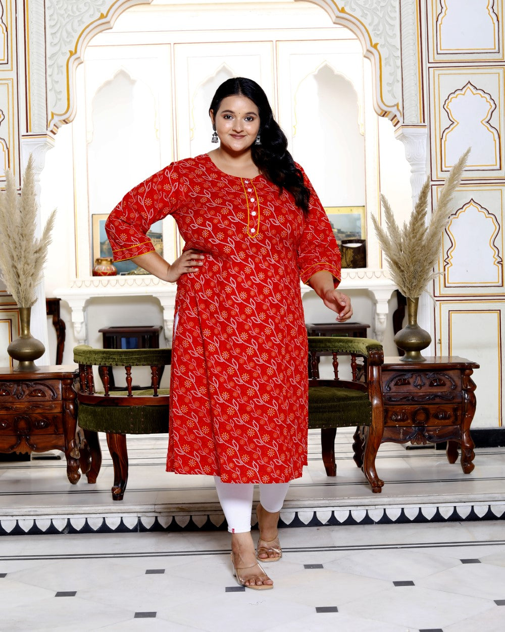 Plus Size Red Cotton  Bandhani Print Straight Kurta-100030