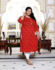Plus Size Red Cotton  Bandhani Print Straight Kurta-100030