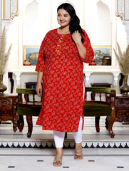 Plus Size Red Cotton  Bandhani Print Straight Kurta-100030