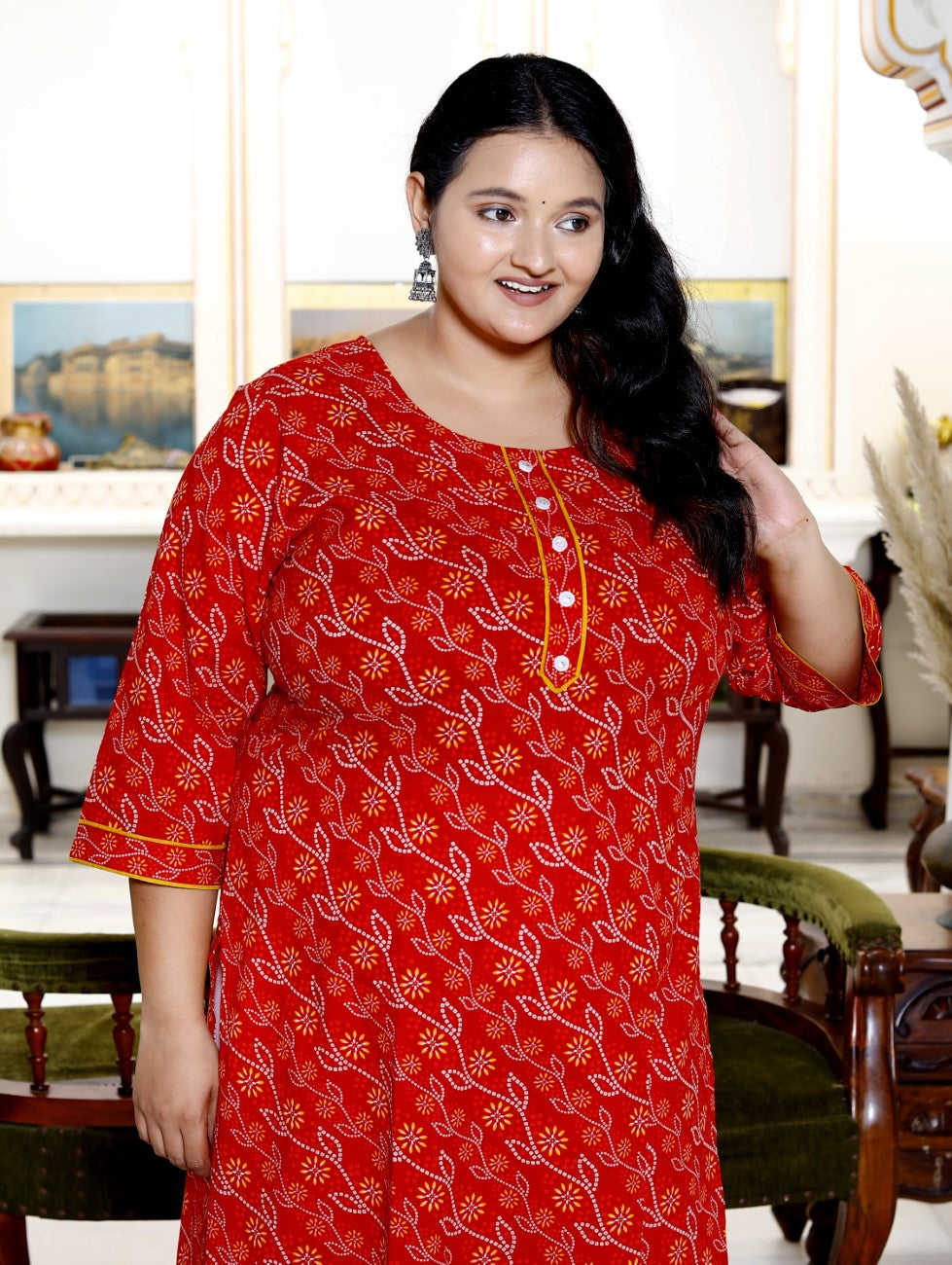 Plus Size Red Cotton  Bandhani Print Straight Kurta-100030