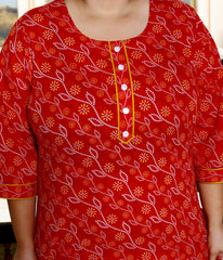 Plus Size Red Cotton  Bandhani Print Straight Kurta-100030