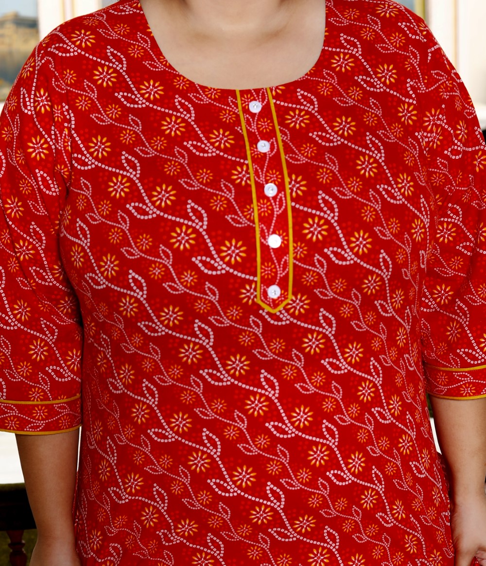 Plus Size Red Cotton  Bandhani Print Straight Kurta-100030