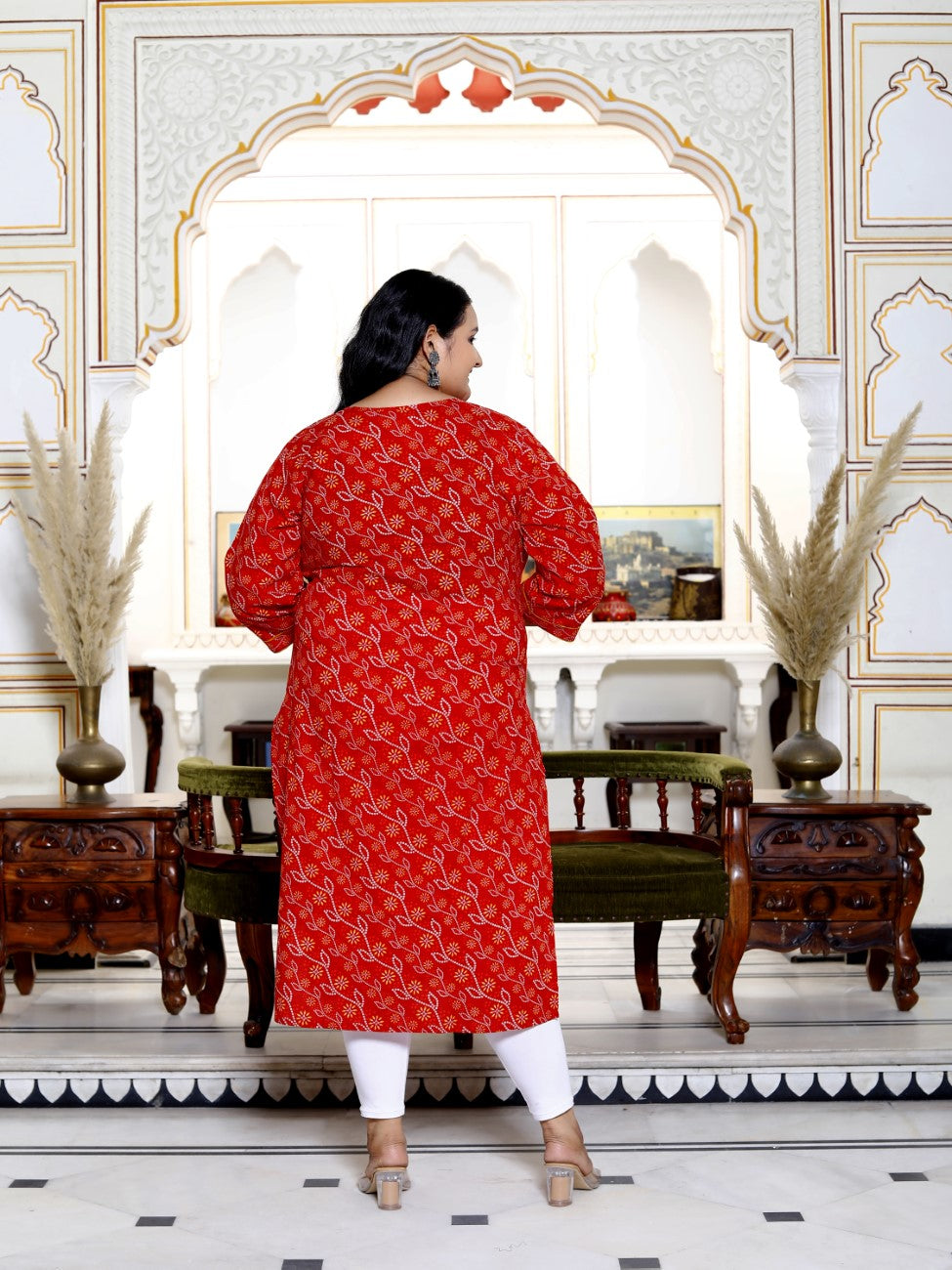 Plus Size Red Cotton  Bandhani Print Straight Kurta-100030