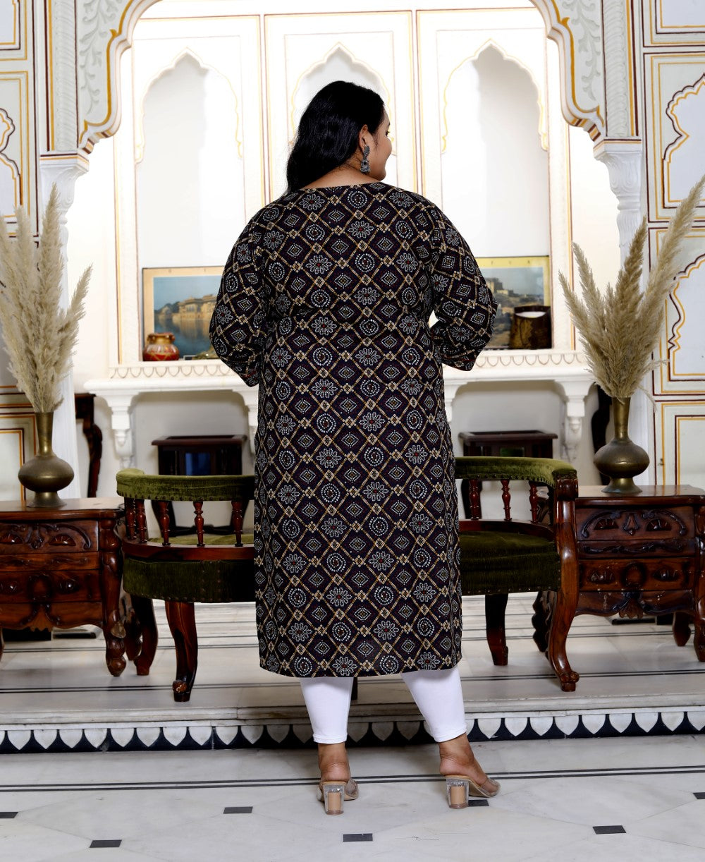 Plus Size Black Cotton Floral Print Straight Kurta-100031 Secondary image