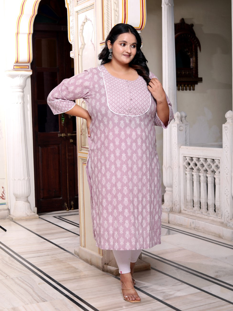 Plus Size Purple Cotton Floral Print Straight Kurta-100036