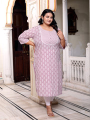 Plus Size Purple Cotton Floral Print Straight Kurta-100036