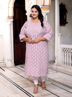 Plus Size Purple Cotton Floral Print Straight Kurta-100036