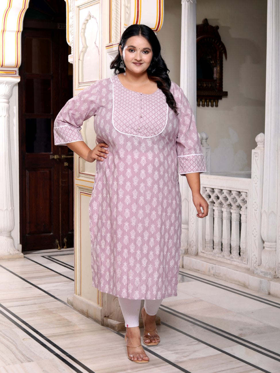 Plus Size Purple Cotton Floral Print Straight Kurta-100036