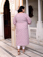 Plus Size Purple Cotton Floral Print Straight Kurta-100036