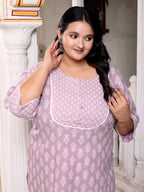 Plus Size Purple Cotton Floral Print Straight Kurta-100036