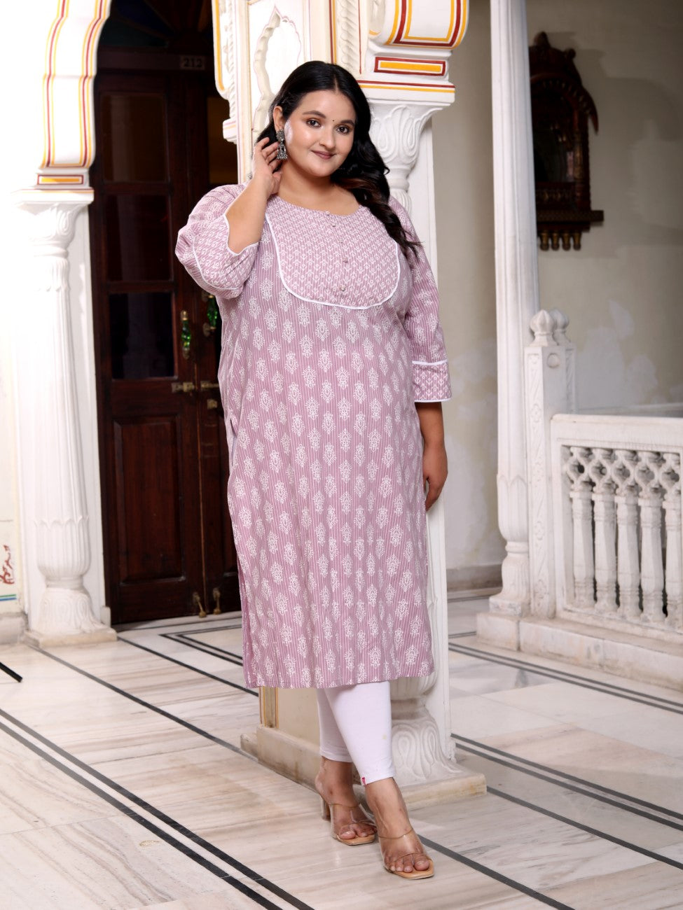 Plus Size Purple Cotton Floral Print Straight Kurta-100036