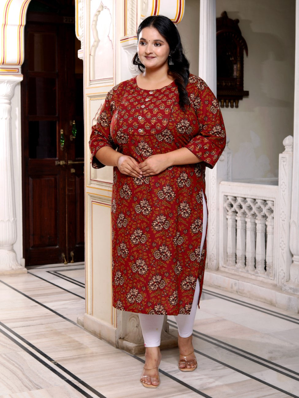 Plus Size Rust Cotton Floral Print Straight Kurta-100037