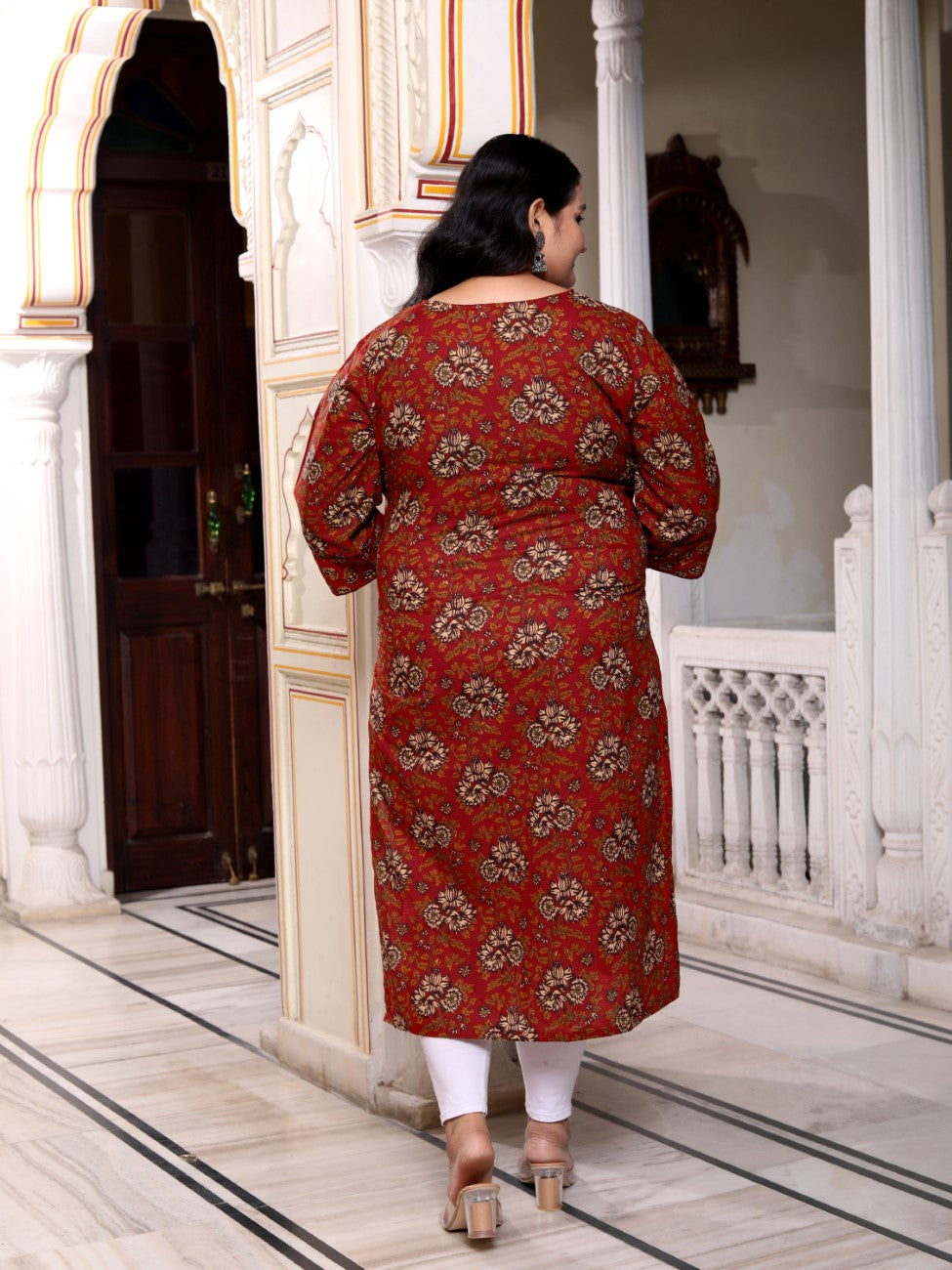 Plus Size Rust Cotton Floral Print Straight Kurta-100037