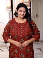 Plus Size Rust Cotton Floral Print Straight Kurta-100037