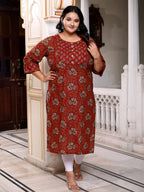 Plus Size Rust Cotton Floral Print Straight Kurta-100037