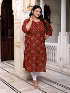 Plus Size Rust Cotton Floral Print Straight Kurta-100037
