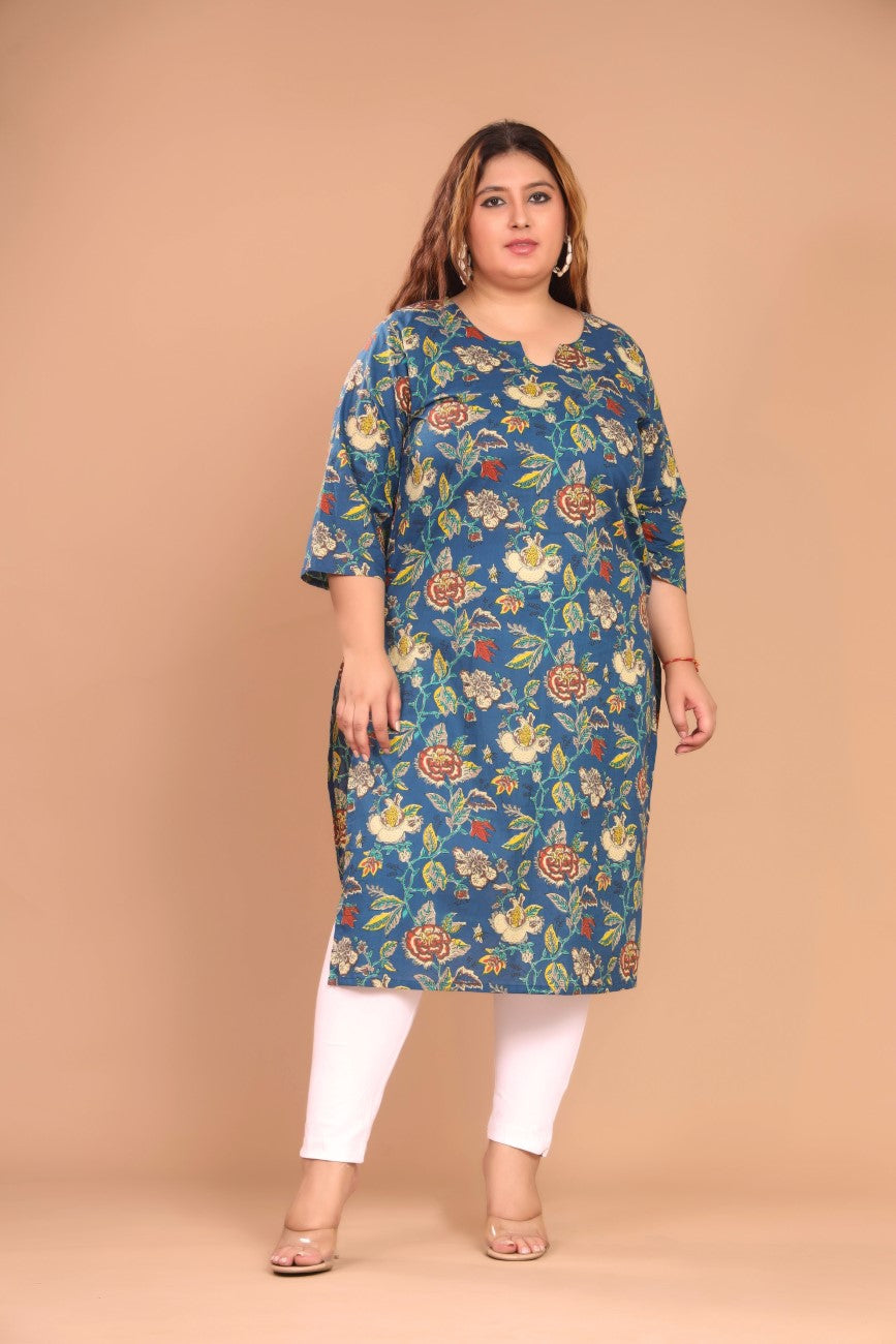 Plus Size Blue Cotton Floral Print Straight Kurta-100039
