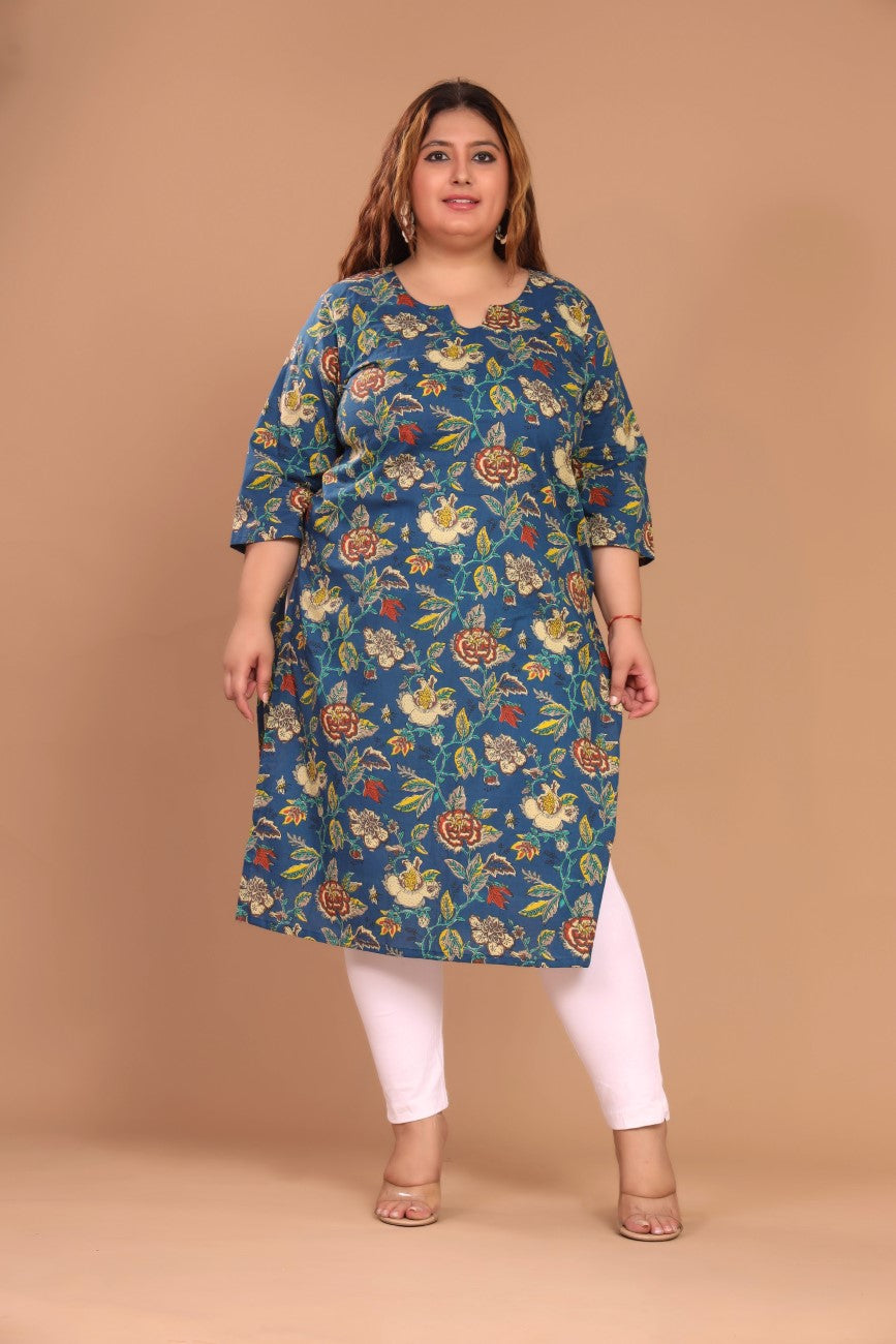 Plus Size Blue Cotton Floral Print Straight Kurta-100039 Secondary image