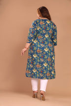 Plus Size Blue Cotton Floral Print Straight Kurta-100039