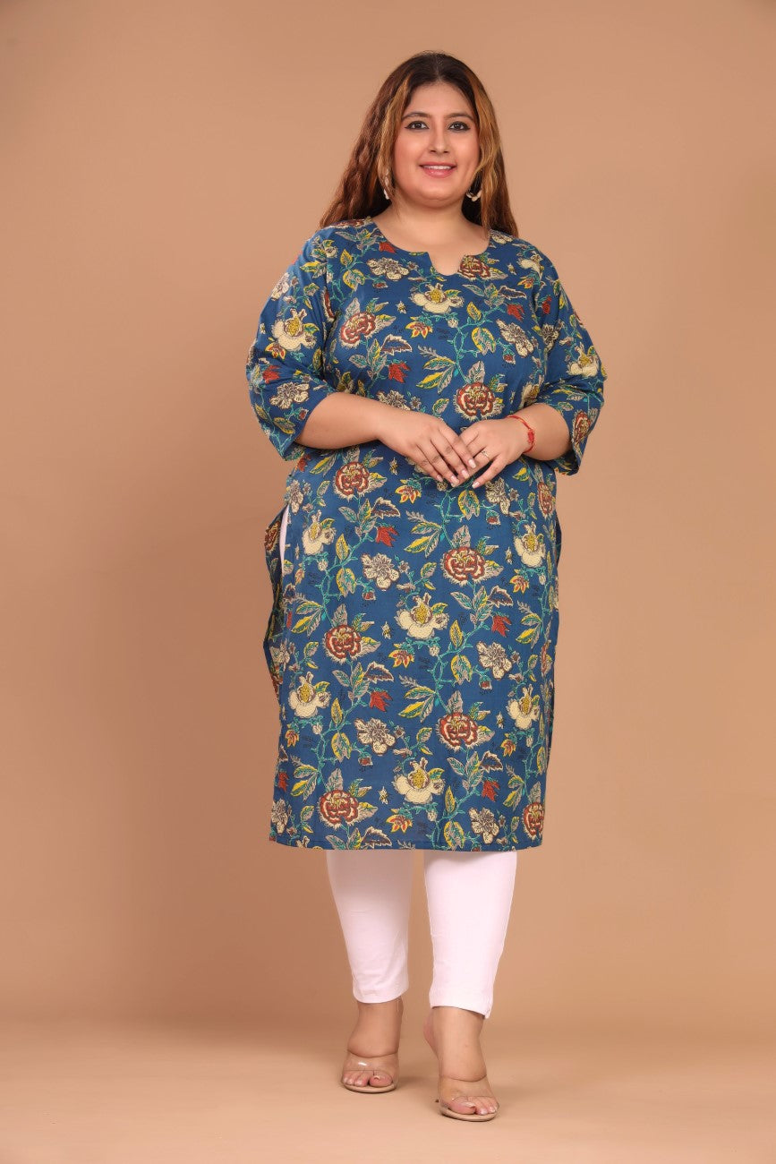 Plus Size Blue Cotton Floral Print Straight Kurta-100039 Main image