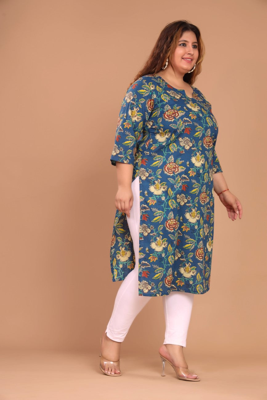 Plus Size Blue Cotton Floral Print Straight Kurta-100039