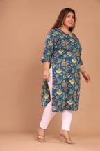 Plus Size Blue Cotton Floral Print Straight Kurta-100039